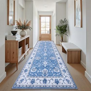 Imagem de Smiry Tapete floral, estampa vintage de 6 x 3 metros, lavável na máquina, tapete antiderrapante para sala de estar, quarto, sala de jantar, lavanderia, decoração de casa interna, azul