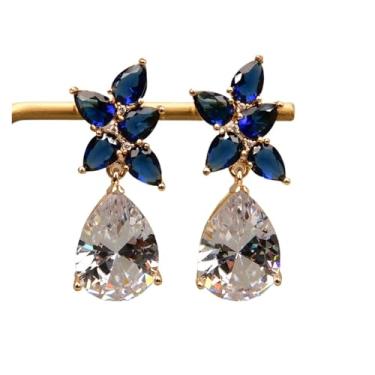 Imagem de SQGGMOAUSC Brincos de gancho de cristal azul banhados a ouro pingente de vidro gota de água joia de orelha de zircônia cúbica