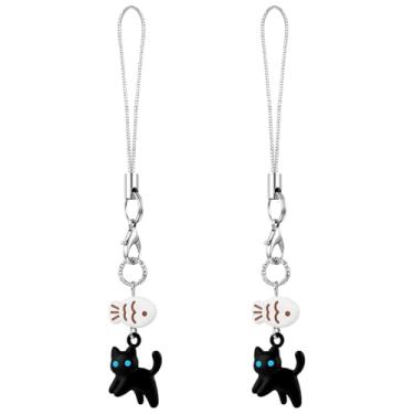Imagem de Ymapinc 2 peças de pingentes de telefone de gato preto - pingente combinando mini gato + peixe para bolsa, pingente de metal Kawaii para decoração de capa de celular