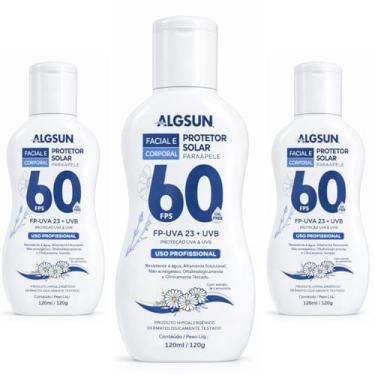 Imagem de Kit 3 Protetor Solar Algsun Facial e Corporal FPS 60 – Proteção UVA/UVB, Oil Free, Resistente à Água, Uso Profissional, 120ml