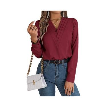 Imagem de Blusa De Chiffon Feminina De Manga Longa Com Decote Em V Triplo, Cores