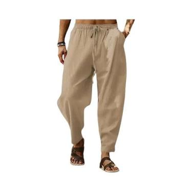 Imagem de Calças Masculinas De Cintura Alta, Perna Larga, Em Algodão E Linho, Ca