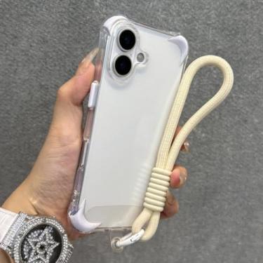 Imagem de Pulseira anti-perda com cordão, capa transparente à prova de choque para iPhone 12, 13, 14, 15, 16 Pro Max Plus, capa protetora de silicone macio, branca, para iPhone 16 Pro
