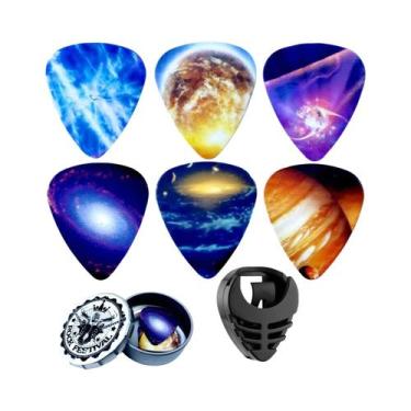 Imagem de Palhetas De Guitarra Médias (6 Unidades) Em Caixa De Metal Com Suporte