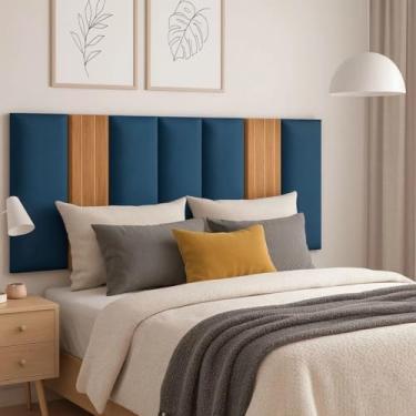 Imagem de Kit Cabeceira Cama Box Casal Estofada Com Ripado Mdf Freijó (Azul/Freijó, Queen)