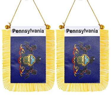 Imagem de CANTENDO Pacote com 2 bandeiras americanas da Pensilvânia para pendurar na janela, mini bandeira de carro do estado da Pensilvânia dos EUA com haste borla ventosa decoração de espelho retrovisor (7 x
