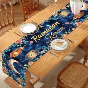 Imagem de Caminho de mesa Ramadan Kareem, corredor de mesa azul com estampa de lua de flor e lanterna suspensa, decoração de mesa de jantar de cozinha Eid para decoração de férias islâmicas e suprimentos de