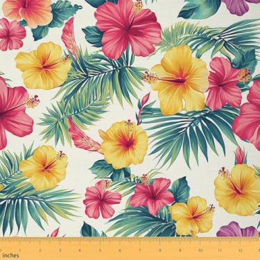 Imagem de Castle Fairy Tecido de flores vermelhas amarelas por jarda, tecido de estofamento de folhas de palmeira, móveis de estilo country tropical, artesanato branco amarelo verde e suprimentos de costura