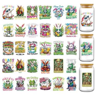 Imagem de Adesivos DTF UV Happy Easter – 30 Folhas Coelhinho Fofo Engraçado Erva Daninha UV DTF Envoltórios de Copo para Garrafa de Água de Vidro de 473 ml, Stay Lit This Easter Cold Transfer Adesivos Decalques
