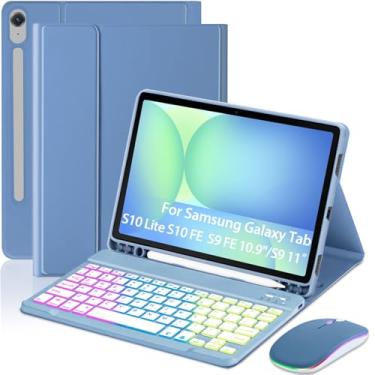 Imagem de EAMPANG Capa com teclado e mouse para Samsung Galaxy Tab S10 Lite/S10 FE 5G/S9 FE 10,9 polegadas/9 11 polegadas, capa magnética de 7 cores arco-íris retroiluminada destacável USB-C teclado magnético