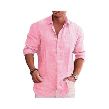 Imagem de Camisa Masculina De Algodão E Linho De Manga Longa, Cor Sólida, Estilo