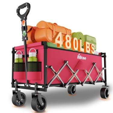 Imagem de InBrave Carrinho de carroça dobrável extralongo, vagões utilitários resistentes de 217 kg com rodas para todo o terreno, carrinhos de compras dobráveis para jardinagem, compras, praia, acampamento