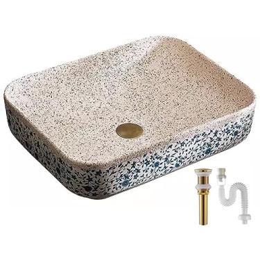 Imagem de Pia de vaso de cerâmica retangular estilo Chinoiserie - Pia de porcelana floral azul retrô para escritório em casa - tigela pequena de banheiro acima do balcão com ralo pop-up