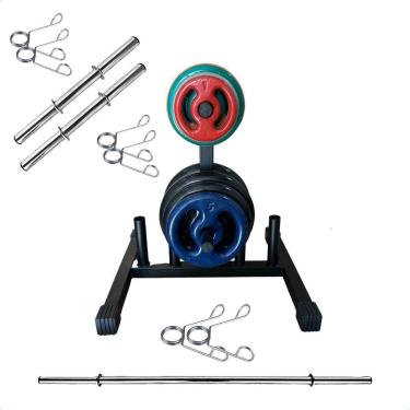 Imagem de Kit Musculação com Suporte + 40 Kg de Anilhas Emborrachadas com Barras-Unissex