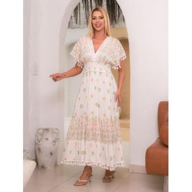 Imagem de Vestido Longo Indiano Lurex Estampado Boho - Iva Indiana, Branco, GG