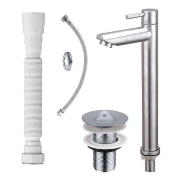 Imagem de Kit Torneira Bica Alta Aço Escovado com Válvula Inox Cromada Engate e 