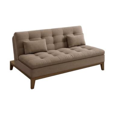 Imagem de Sofá-Cama Casal 3 Lugares Premium Base e Pés de Madeira Linho Marrom -