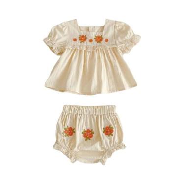 Imagem de Conjunto De Verão Para Bebê Menina Com Mangas Bufantes, Camisa Bordada