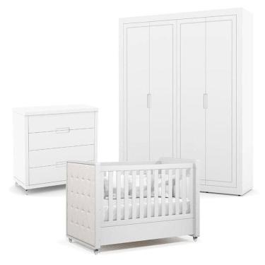 Imagem de Quarto De Bebe 4 Portas Tutto New Com Capitonê New Boucle E Gaveteiro Branco Acetinado - Matic