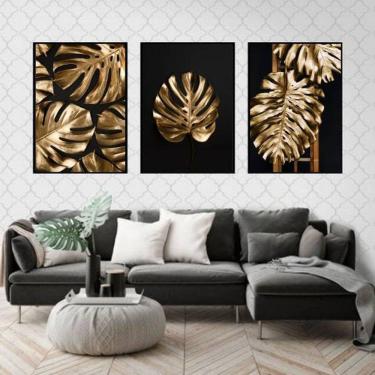 Imagem de Kit 3 Quadros Decorativos Folhas Douradas