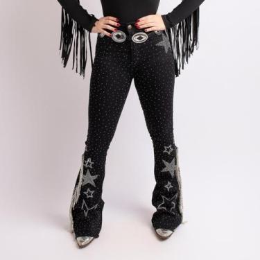 Imagem de Calça Jeans Preta Feminino Star Let's Go Rodeo Franjas Strass Brilhos 