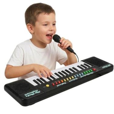 Imagem de Piano Teclado Eletronico Infantil 32 Teclas Preto Microfone - FunGame