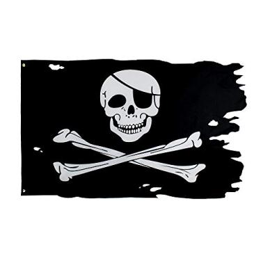 Imagem de Bandeira de Jolly Roger da FLAGLINK de 7,6 x 1,8 metros de ossos cruzados de ossos de caveira velhos banner pirata rajado
