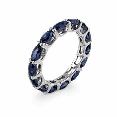 Imagem de Anel em Ouro Branco 18K Aliança Inteira com Safira Navete e Diamantes 