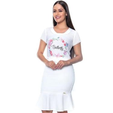 Imagem de Saia Curta Social com Babado Neo Piquet Hadaza, Branco, M - 40