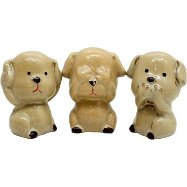 Imagem de Trio de Enfeites Decorativos de Cachorrinhos Sábios Cego Surdo Mudo para Decoração em Cerâmica Bege