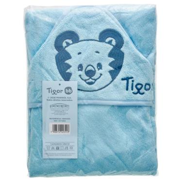 Imagem de Toalha Infantil Algodão Tigor T Tigre Cor Azul Capuz Bordado Alta Absorção Macia Bebê Menino Premium