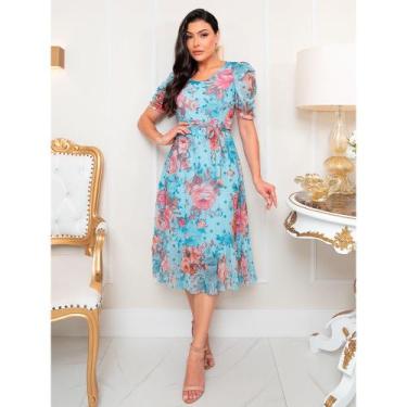 Imagem de Vestido Midi Tule Estampado Plus size Evangelico - Ramessés, Celeste, 