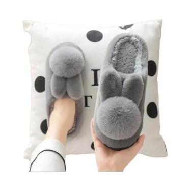 Imagem de Pantufas Femininas De Pelúcia Com Orelhas De Coelho Antiderrapantes Qu