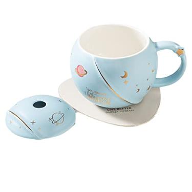 Imagem de seelucky Caneca de astronauta com colher criança caneca de leite de cerâmica 3D xícara de café caneca de desenho animado xícara de chá universo presente de aniversário (você é meu universo azul)