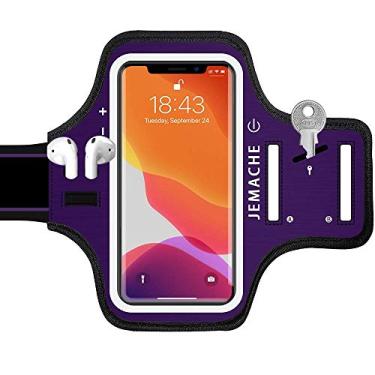 Imagem de Braçadeira para iPhone 16e 16 15 14 com suporte para fone de ouvido, JEMACHE resistente à água, academia, corrida, exercícios, braço, para iPhone 16e 16 15 14 13 12 11 Pro (roxo)