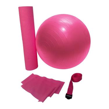 Imagem de Kit yoga rosa: faixa elástica thera band, tapete, bola suíça e corda de apoio 