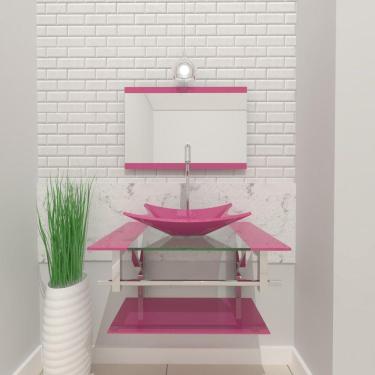 Imagem de Gabinete De Vidro Para Banheiro 60cm Inox Cuba Retangular Com Sifao E Torneira Metal Cor: rosa