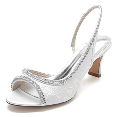 Imagem de Sandálias femininas de strass para casamento fofas de renda conforto salto gatinho peep toe Slingback, Branco, 8.5