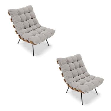 Imagem de Kit 02 Poltronas Costela Veludo Cinza Base Metálica Preto