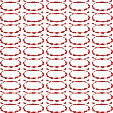 Imagem de 50 peças de pulseiras vermelhas trançadas com 7 nós, pulseira de proteção de cabala com cordão ajustável, amuleto da amizade, pulseira de boa sorte feita à mão para mulheres e homens, fio