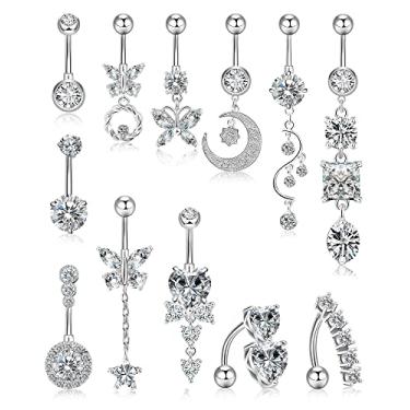 Imagem de Winsenet 12/15 peças de anéis de umbigo pendurados 14G de piercing de umbigo para mulheres, joia de piercing de umbigo com caixa de presente, Aço inoxidável, Zircônia cúbica