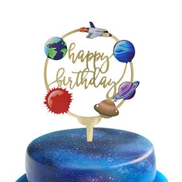 Imagem de Topos de bolo de acrílico Happy Birthday para decorações de festa de aniversário com tema do espaço sideral e topo de bolo para crianças (dourado)