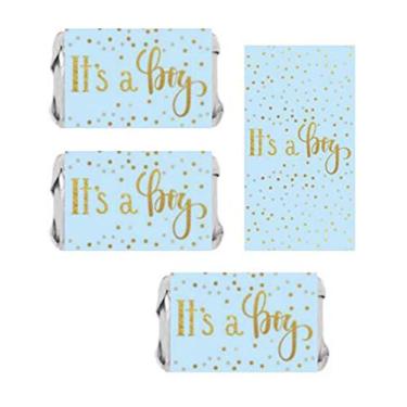 Imagem de Pacote com 50 mini envoltórios de barra de doces azul It's a Boy Baby Shower Mini Candy Bar adesivos de chá de bebê para chá de bebê