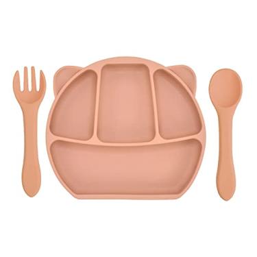 Imagem de burko Placas de sucção de silicone para bebês com alimentação automática Placa de sucção para bebês com colher e garfo de silicone BPA Free Design dividido para lava-louças e micro-ondas