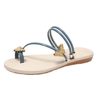 Imagem de Chinelo sandálias femininas felpudas moda verão borboleta capa dedo do pé palha sandálias de praia planas (azul celeste, 37)