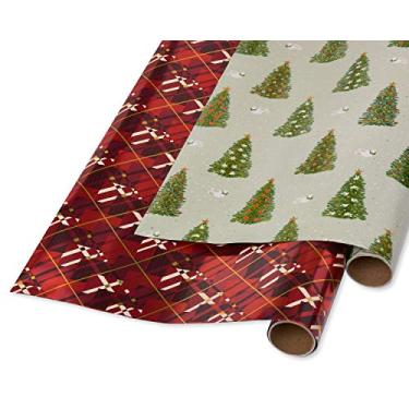 Imagem de Papyrus Papel de embrulho de folha de Natal, losango vermelho, pinheiros e pombas (pacote com 2)