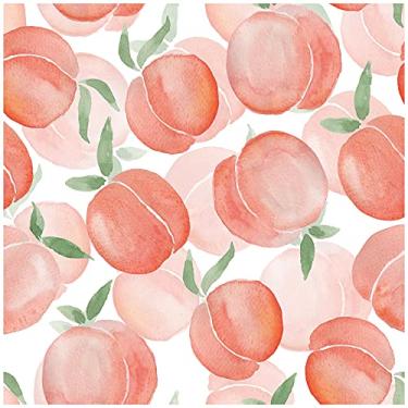 Imagem de HAOKHOME Papel de parede em aquarela pêssego rosa/verde/branco removível para decorações de forro de prateleira de armário Kithen 45 cm x 300 cm