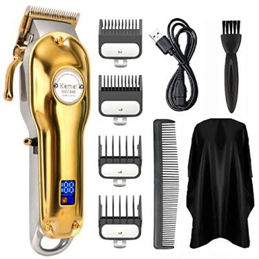 Imagem de KEMEI Golden Cordless Aparador de cabelo profissional sem fio para homens para estilistas e barbeiros com invólucro de metal completo para cortador de cabelo USB (dourado)