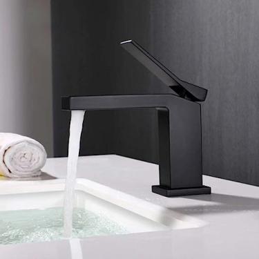 Imagem de Torneira de lavatório escova de ouro preto cromado torneira de lavatório fria e quente latão misturador torneira de pia torneira de água montada no convés, preto curto