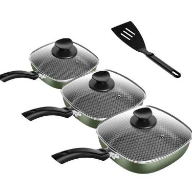 Imagem de Kit 03 Frigideiras Antiaderentes Quadradas Verde Clear Coat Funda Com Tampa De Vidro Patolux